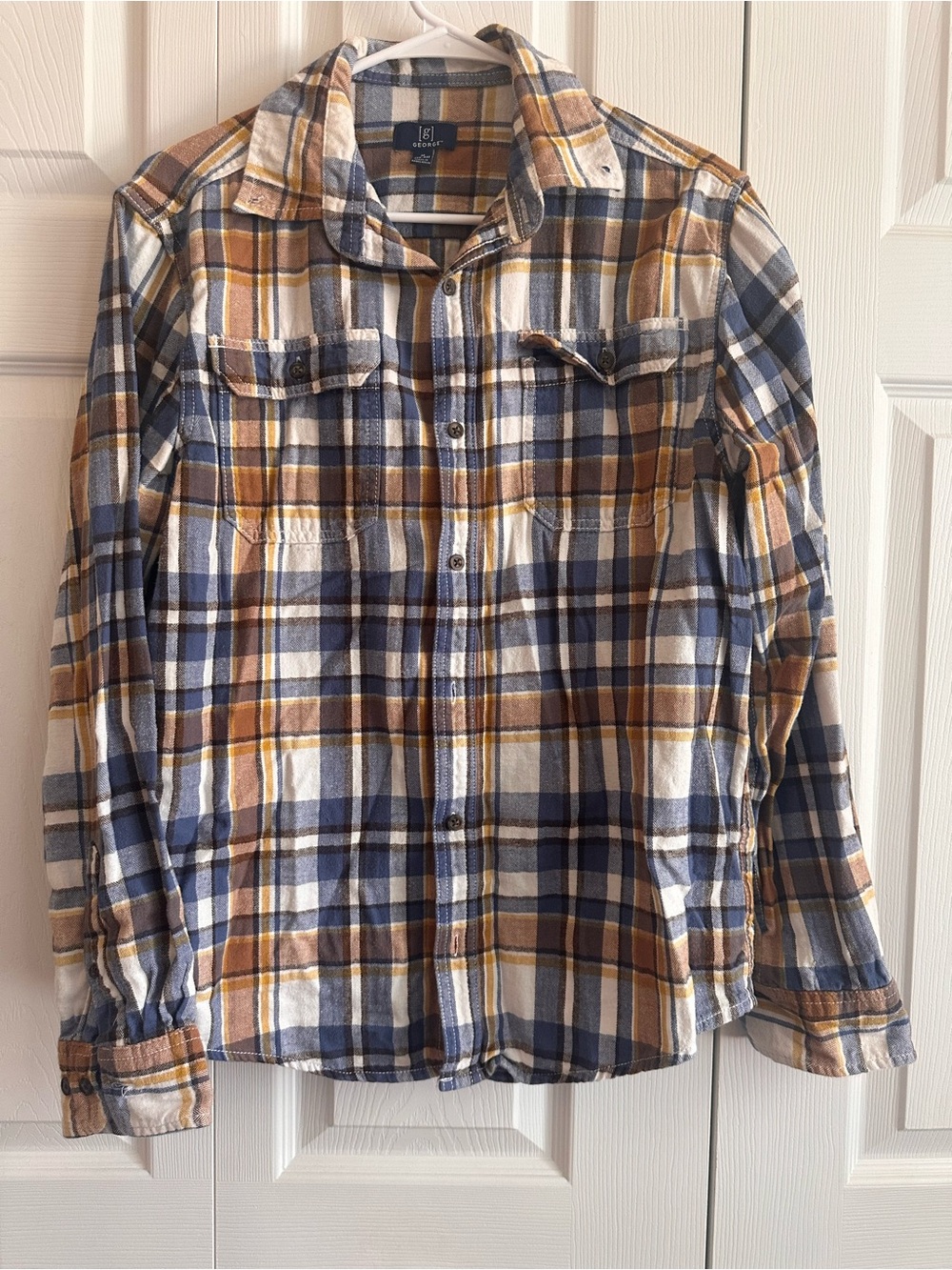 George Plaid Button-Up Shirt in Blue, Mustard & Cream